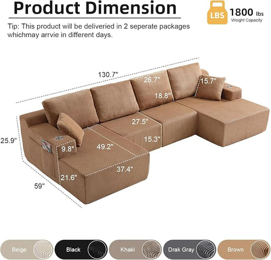 130" U-Shaped Modular Sectional Sofa with Chaise, Boneless Corduroy Flexible Module Seating for Living Room, Cloud Couch with Cup Holders and Side Pockets, No Assembly (Brown)
