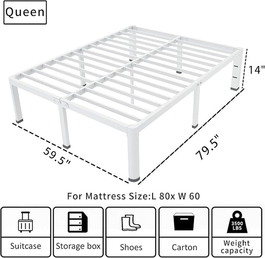ROIL 14 Inch White Queen Bed Frame with Rounded Corner and Headboard Hole Mattress Retainers 3500LBS Heavy Duty Steel Slats No Box Spring Needed Platform Noise-Free Easy Assembly