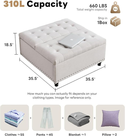 Tbfit Large Square Storage Ottoman Bench, Tufted Upholstered Coffee Table with Lift Top & Solid Wood Legs, Oversized Storage Ottomans Toy Box for Living Room (Beige)