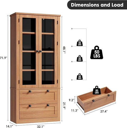 71" Tall Kitchen Pantry Cabinet - Modern Display Storage Cabinet with 2 Large Drawers, Glass Doors, and Adjustable Shelves, Farmhouse Kitchen Cupboard for Dining Room, Bathroom, Living Room, Walnut