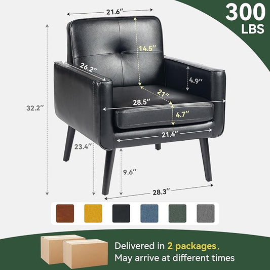 Vogue Furniture Direct Accent Chair Set of 2, PU Leather Modern Chair with Wooden Frame, Cozy Armchair Reading Chair with Comfy Back for Apartment, Living Room, Bedroom, Small Space, Corner, Black