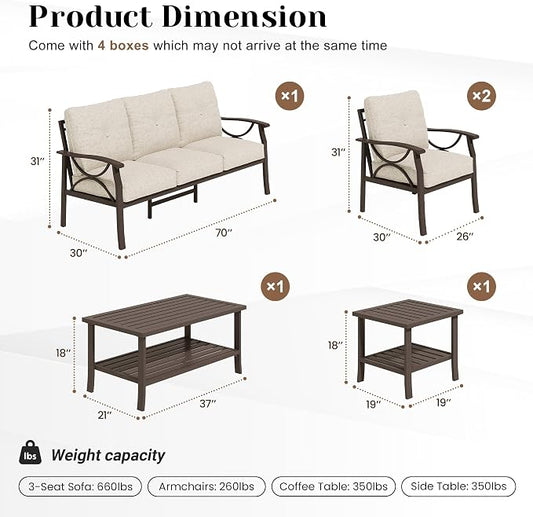 FansaFurn 5-Pieces Outdoor Patio Furniture Set, Outdoor Metal Sectional Furniture with Cushions, Outdoor Conversation Seating Set with Coffee Table for Garden, Balcony, Deck, Backyard, Khaki