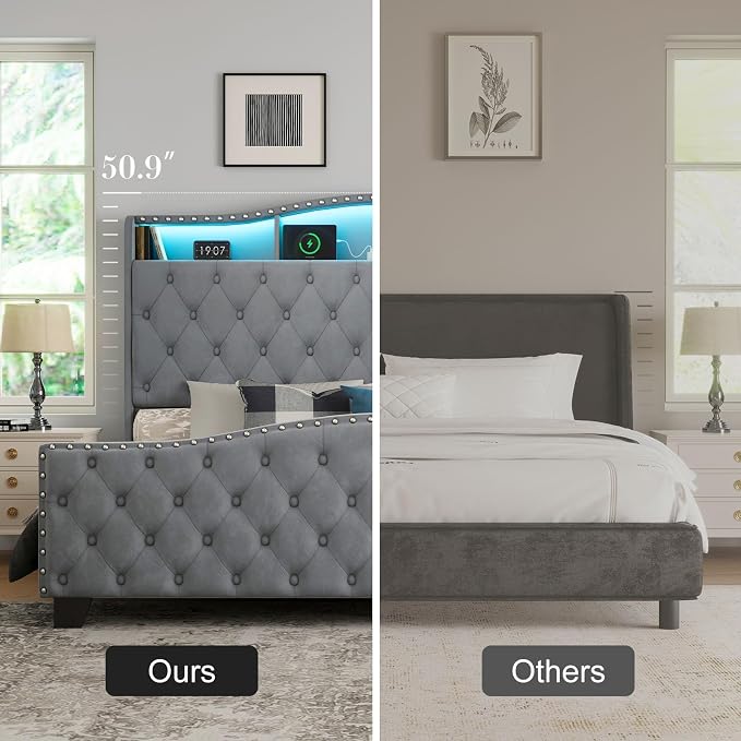 Belffin King Size Bed Frame and Headboard, 50.9" Velvet Upholstered Wingback Bedframe with LED Lights & Storage/Charging Station, Button Tufted Tall Footboard, No Box Spring Needed, Noise-Free, Grey