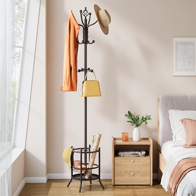 Tajsoon Coat Rack Stand with Umbrella Holder, Coat Tree Freestanding with 16 Hooks, Coat Hangers Stand for Living Room, Bedroom, Office, Brown