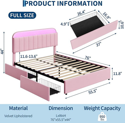 GarveeHome Full Bed Frame with Storage Headboard, Kids Bed Frame with 2 Drawers, Velvet Upholstered Platform Bed Frame with Lights, No Box Spring Needed, Easy Assembly, Velvet Pink