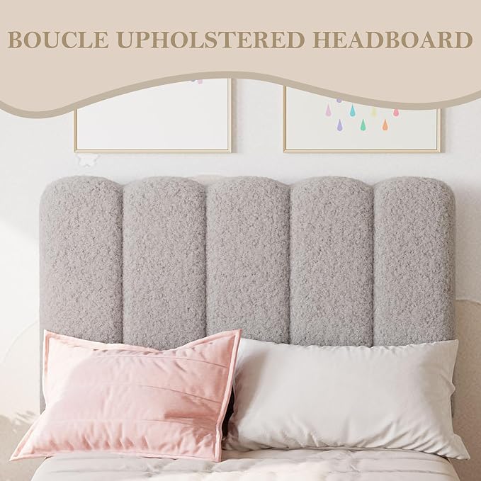 GarveeHome Twin XL Bed Frame, Upholstered Platform Bed with Wave Headboard for Girls/Kids, Easy Assembly, Wooden Slats Support, No Box Spring Needed, Boucle Grey
