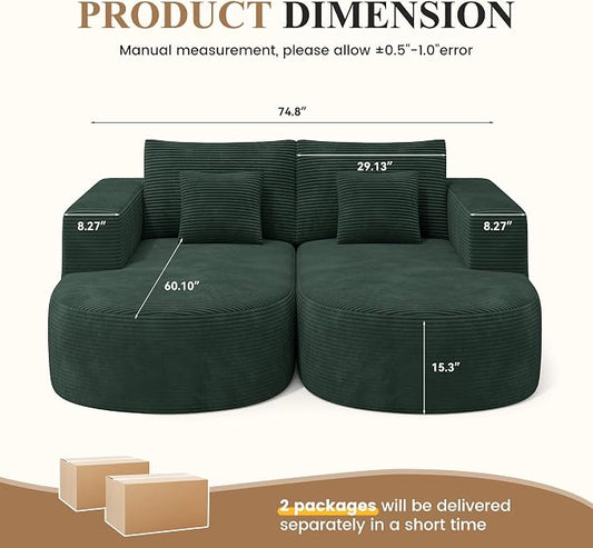 Modular Sectional Sofa Bed,Convertible Cloud Couches for Living Room,2 Chaise Corduroy Boneless Couch Sleeper Sofa Set,Oversized Chaise Lounge Chair for Bedroom,No Assembly Required,Green 1PCS