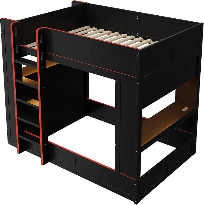 RUNNA Full Gaming Bunk Bed with Desk, LED & Charging Station | Full gaming bunk bed with desk, LED lights, charging station, storage shelves, 600 lbs capacity, no box spring needed