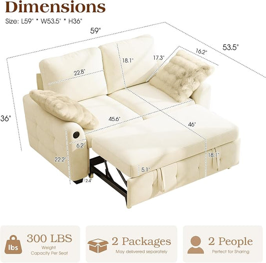 Ihanherry 59-inch Convertible Sofa Bed, Pull Out Sleeper with USB Port & Wide Armrests, 2-in-1 Chenille Fabric Loveseat with 2 Pillows, Space-Saving for Small Apartment, Living Room, Bedroom(Beige)