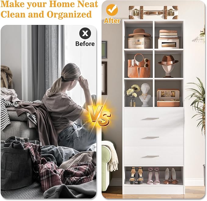 Homieasy Closet System Organizer with 3 Drawers and Partition Storage, Freestanding Wardrobe Organizer Modular with Shoe Shelf, Expandable for Walk-in or Reach-in Closets, White