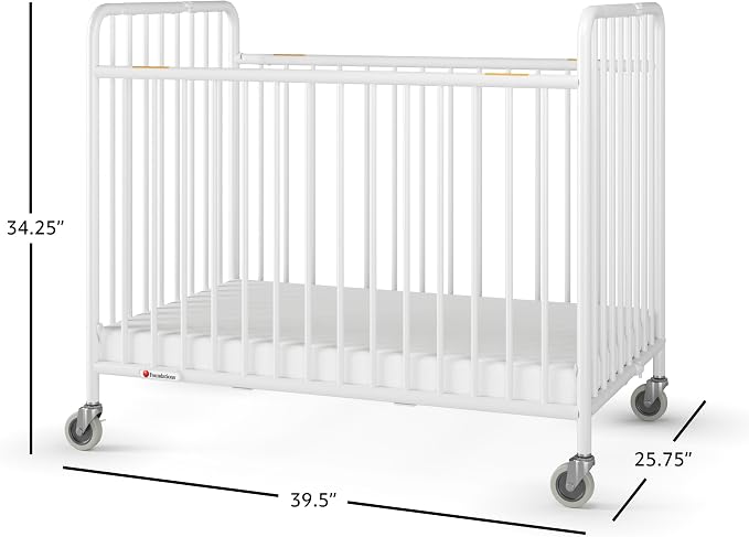Foundations Stowaway Metal Baby & Toddler Folding Crib, Portable Baby Crib with Foam Mattress and Commercial Grade 3" Casters, Compact for Hotels, Pack of 3, White