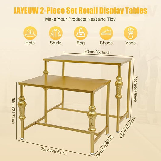 Retail Display Tables Gold Boutique Nesting Tables | 2 Piece Set, Vintage Display Table, Clothing Shoes Display Shelf, For Retail Stores, Carbon Steel