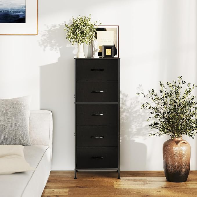 DUMOS Nightstand with 5 Drawers, Bedside Table with Removable Fabric Bins, Sturdy Steel Frame Wood Top Skinny Dresser for Bedroom Closet Living Room, Black