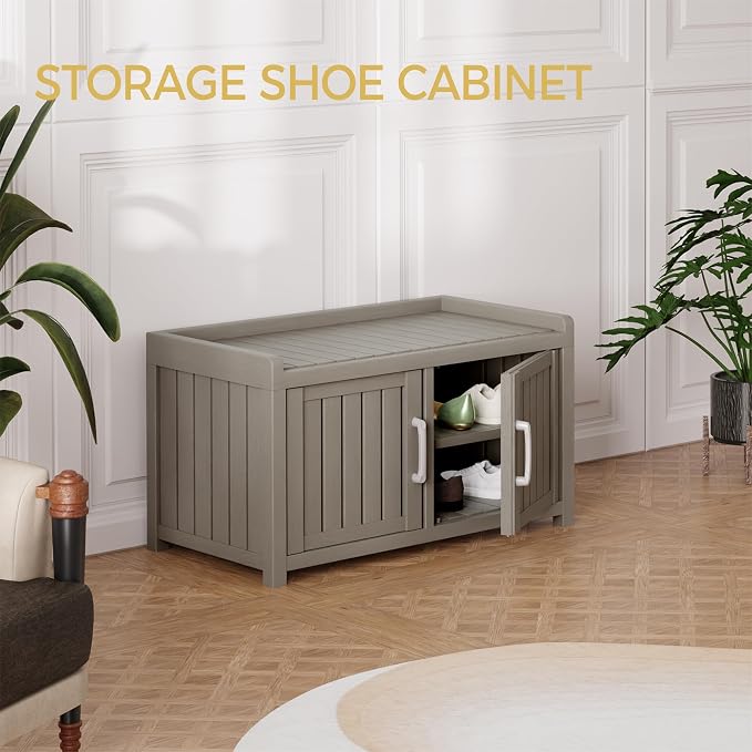 Storage Bench - 2 Doors Waterproof Resin Shoe Bench with Adjustable Shelves - Indoor & Outdoor Use, Entryway Bench with Seating for Bedroom, Living Room, Hallway - Grey