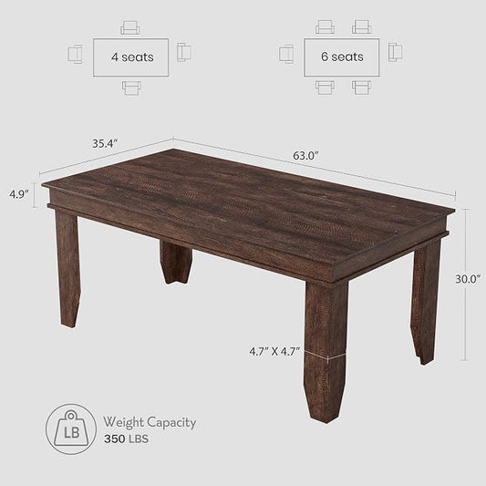 GarveeHome Farmhouse Dining Table for 4-6 People, 63 in Long Kitchen Tables with Wooden Sturdy Frame, 5 ft Large Rectangular Dinner Table for Dining Room, Kitchen, Dark Walnut, 63" Non-extendable