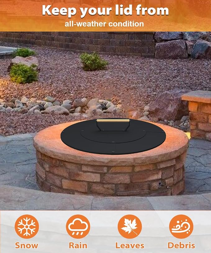 20" Wooden-Handle Fire Pit Lid for Pits up to 18", Round Metal Bonfire Pit Burner Pan Cover, Smokeless Fire Pit Cover for Fire Tables, All-Weather Resistance Outdoor Firepit Accessory