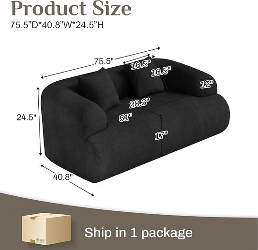 Half Moon Curved Sectional Sofa with 2 Throw Pillows, Modern Style 2-Seater Chenille Leisure Couch with Curved Backrest, Easy Assembly, for Apartment, Living Room, Bedroom, Black (76 inch)