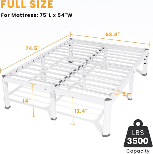 14 Inch Full Bed Frame, Metal Platform Bed Frame with Round Corner Legs, 3500 lbs Heavy Duty Steel Slats Support, No Box Spring Needed, Noise Free, Easy Assembly, White