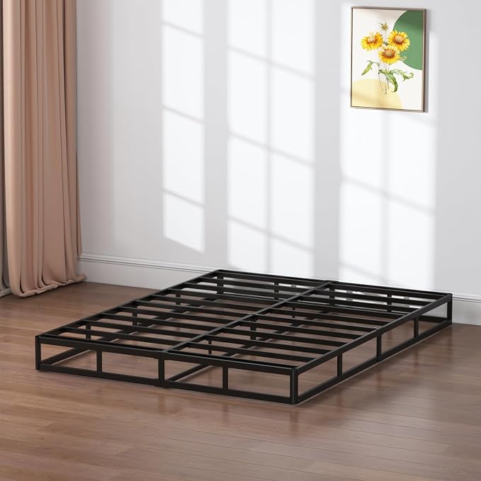 SHLAND Queen Box Spring 7 Inch Low Profile Queen Size Bed Base, 3000 lbs Black Heavy Duty Metal Mattress Foundation with Easy Clean Fabric Cover, Easy Assembly