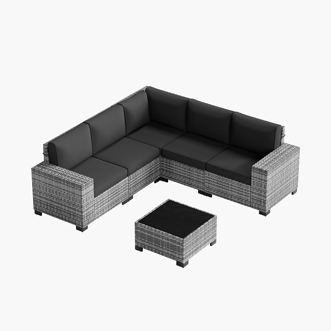 UDPATIO Patio Furniture Set, 8 Inch Armrest Patio Sectional Furniture, 6 Piece Wicker Outdoor Sectional Conversation Sets with Waterproof Cover and Coffee Table for Backyard Deck(Grey/Black)
