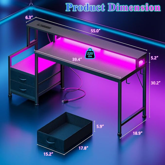 Furologee 55" Gaming Desk with LED Lights & USB-C Port, Reversible Computer Desk with Monitor Stand, Storage Shelves & 2 Fabric Drawers, Gaming Table with Power Outlets & Hooks, Carbon Fiber Black