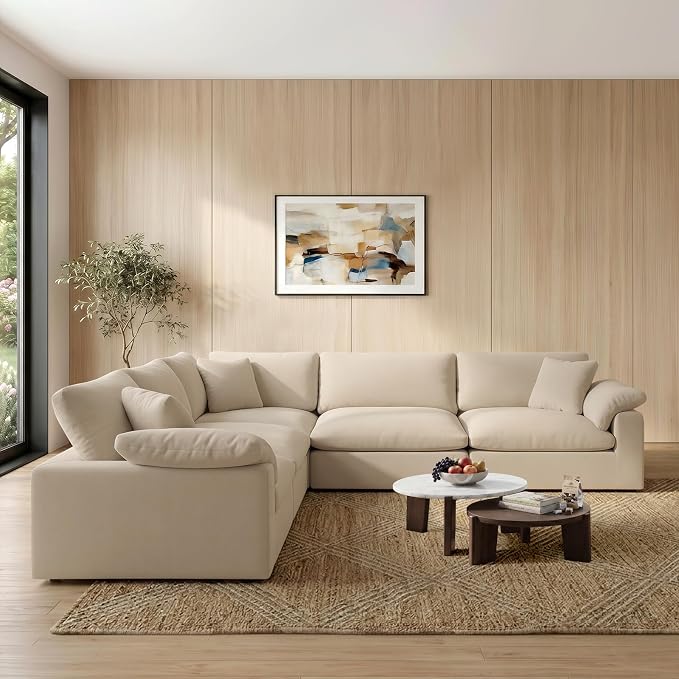211.6" Cloud Modular Sectional Sofa,Khaki Down Filled Sofa 5 Seat,Minimalist Sofa Cover Washable and Replaceable Couches for Living Room,Sectional Sofa Deep Seat