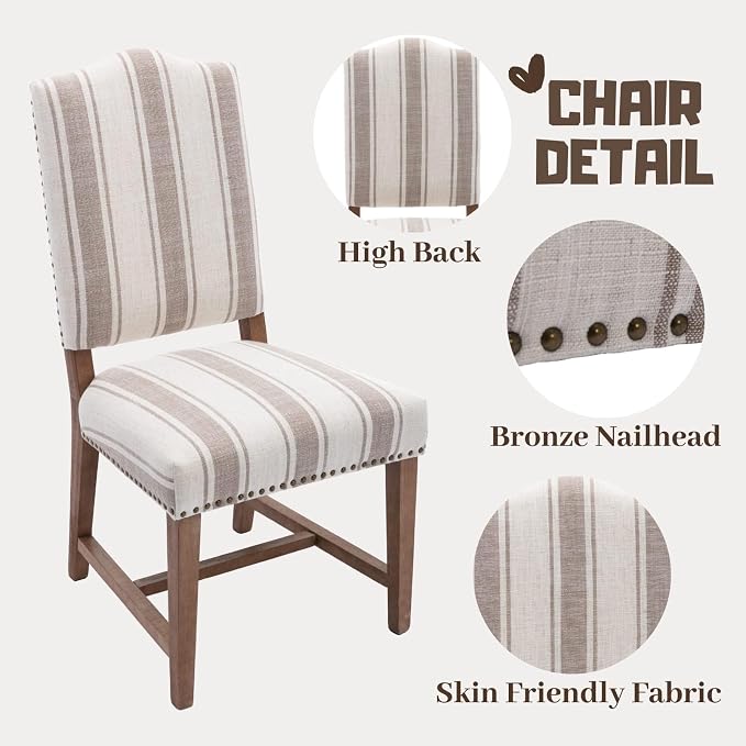 ROCITY Linen Dining Chairs Set of 2 Upholstered Farmhouse Dining Room Chairs Kitchen Side Chairs with Wooden Legs&Nailhead Trim, Beige with Brown Stripe