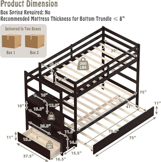 Giantex Twin Over Twin Bunk Bed with Trundle, Solid Wood Bunkbeds with Guard Rail and Storage Stairs, Twin Bunk Bed Frame, Suitable for Kids, Teens, No Box Spring Needed (Espresso)