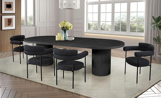 Dobby 90"-123" Extendable Oval Wooden Dining Table, Black | Mid Century Modern, Double Pedestal Base, For 6 People, Large