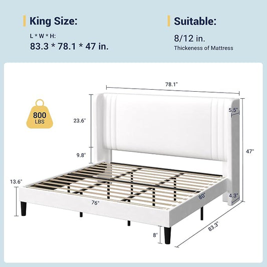 Allewie King Size Velvet Platform Bed Frame with Vertical Tufted Wingback Headboard, Easy Assembly, Under Bed Storage, No Box Spring Required, Modern Style, White