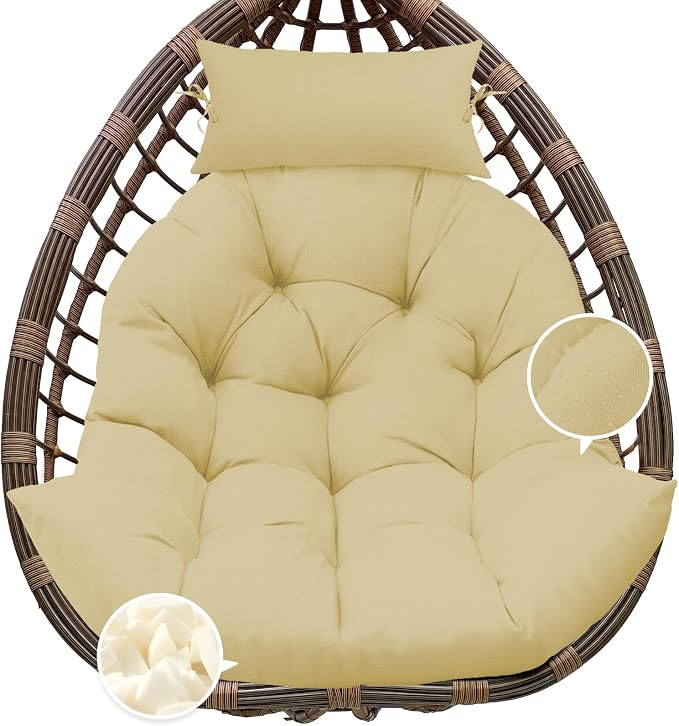 Outdoor Hanging Egg Chair Cushion Replacement, Thicken Egg Chair Cushion Waterproof Basket Eggs Chairs Cushion with Headrest Pillow, U-Shaped Cushions for Hanging Eggs Chairs Swing (Khaki)