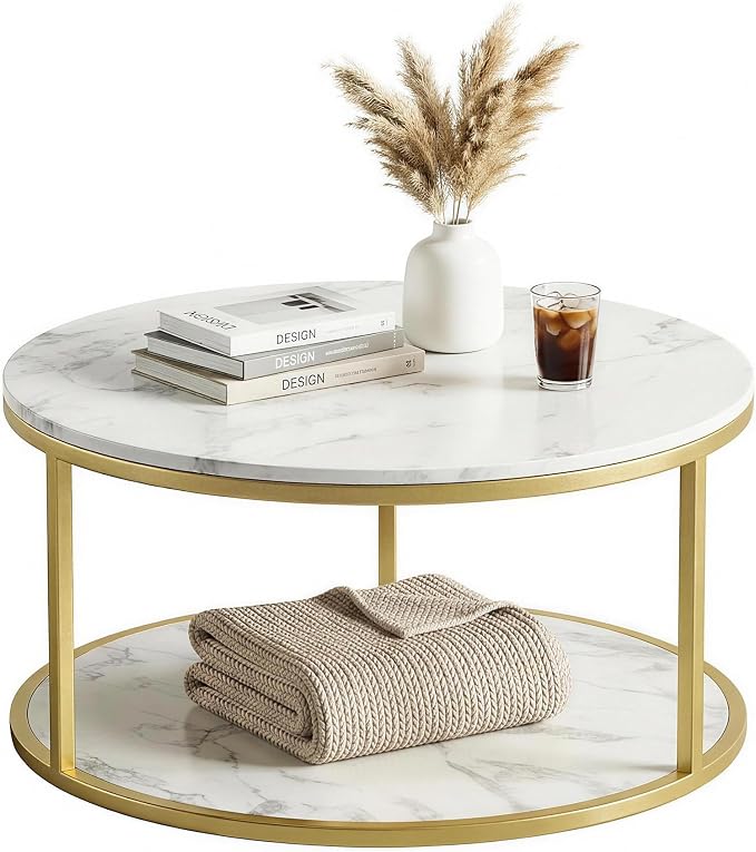 YESHOMY 36" Round Coffee Table, 2-Tier Wood Center Table with Storage Shelf, Heavy-Duty Metal Frame, Easy Assembly, Ideal for Living Room & Small Spaces, Black