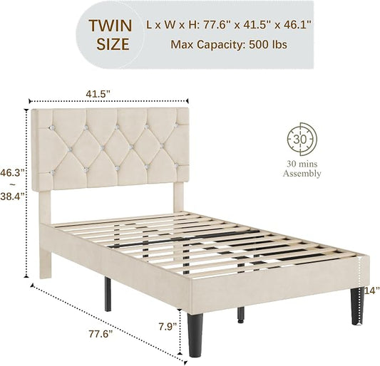 VECELO Twin Size Bed Frame, Upholstered Platform with Adjustable Diamond Tufted Headboard, Wood Slat Support, No Box Spring Needed, Pala Beige