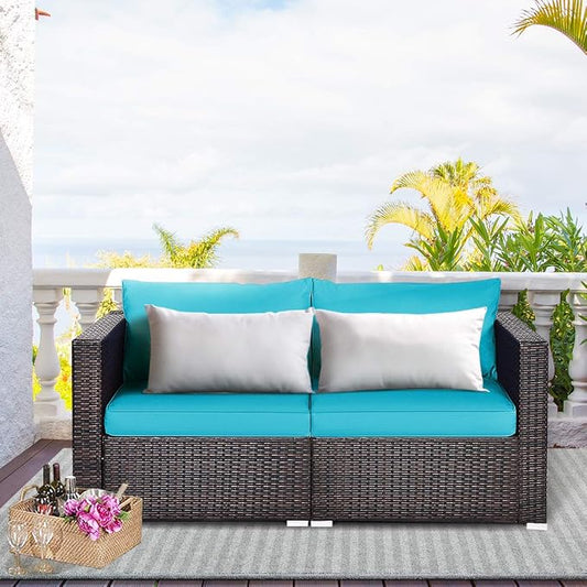 Tangkula 2 Seat Outdoor Wicker Loveseat Sofa Set, Modular PE Rattan 2 Pieces Outdoor Wicker Corner Sofa, Outside Furniture Set for Deck, Backyard, Porch, Garden & Poolside, Turquoise