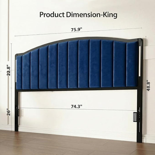 Headboard for King Size Bed with LED Lights, Upholstered Vertical Channel Tufting Head Boards, Velvet Headboard Only, Study & Comfortable, Ideal for Bedroom, Dorm, Guest Room, Blue