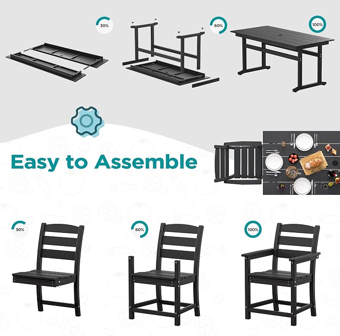 nalone 7-Piece Patio Dining Table Set, HDPE Outdoor Dining Sets with Table and 6 Chairs, Dining Furniture Set with Umbrella Hole (Black, 7 Pcs)
