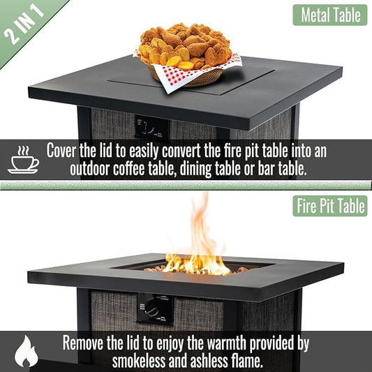 28" Propane Gas Fire Pit Table, 50000 BTU Square Outdoor Fire Pit with Steel Tabletop & Textilene Base, Patio Fire Table with Lava Rocks & Rain Cover for Backyard Deck Garden, Black