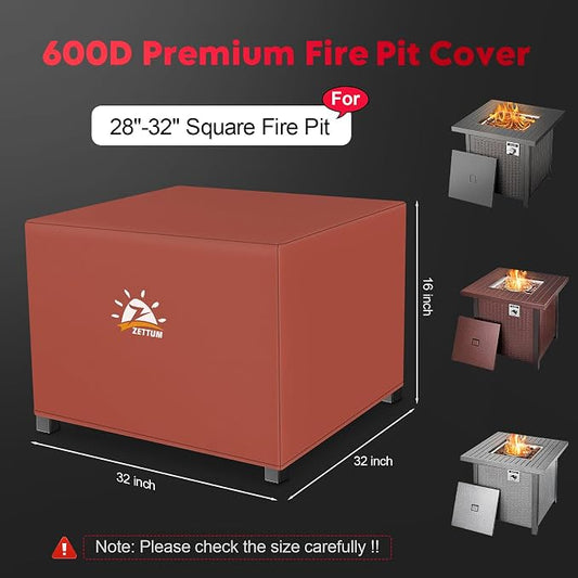 Zettum Fire Pit Cover Square 32 Inch - Outdoor Firepit Cover Heavy Duty & Waterproof, 600D Patio Fire Table Covers Gas Fire Pit Accessories Fit 32" Yaheetech Firepit Brown - 32 x 32 x 16 Inch