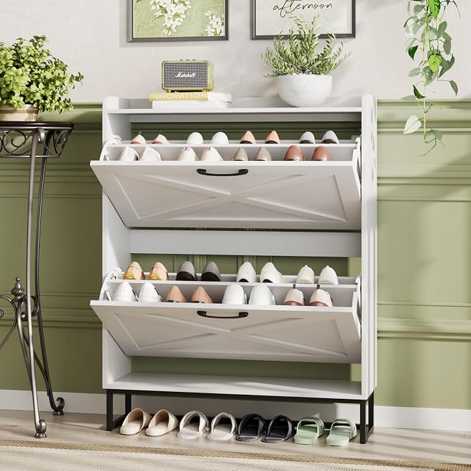 Maupvit Shoe Cabinet with 2 Flip Drawers, Freestanding Shoe Cabinet Organizer with Metal Legs, Shoes Storage Cabinet for Entryway, Narrow Shoe Rack Cabinet, White