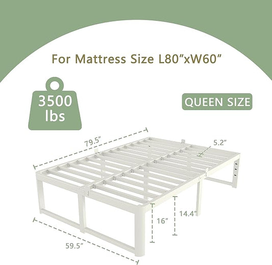 VYM 16 Inch Bed Frame Queen Size, Heavy Duty Platform Bed Frame Support 3500 LBS, No Box Spring Needed, DIY Headboard, Anti-Slip Mattress Stopper, Round Corner Leg, Easy Assembly, White