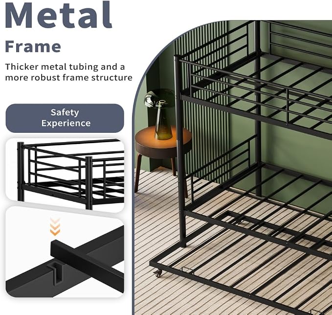 Metal Triple Bunk Bed, Twin Over Twins with Trundle, Heavy Duty Beds Frame with Ladder and Safety Rails for Small Bedroom, Space-Saving Noise Free (Black)