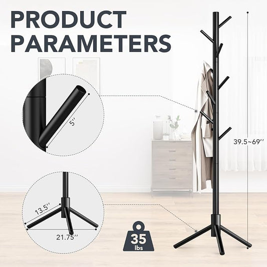 Wooden Coat Rack Freestanding with 8 Hooks,Easy Assembly New Zealand Pine Tree Coat Racks, 3 Adjustable Sizes for Clothes, Hats, Bags, for Entryway, Hallway, Bedroom, Office (Black, 1 PC)