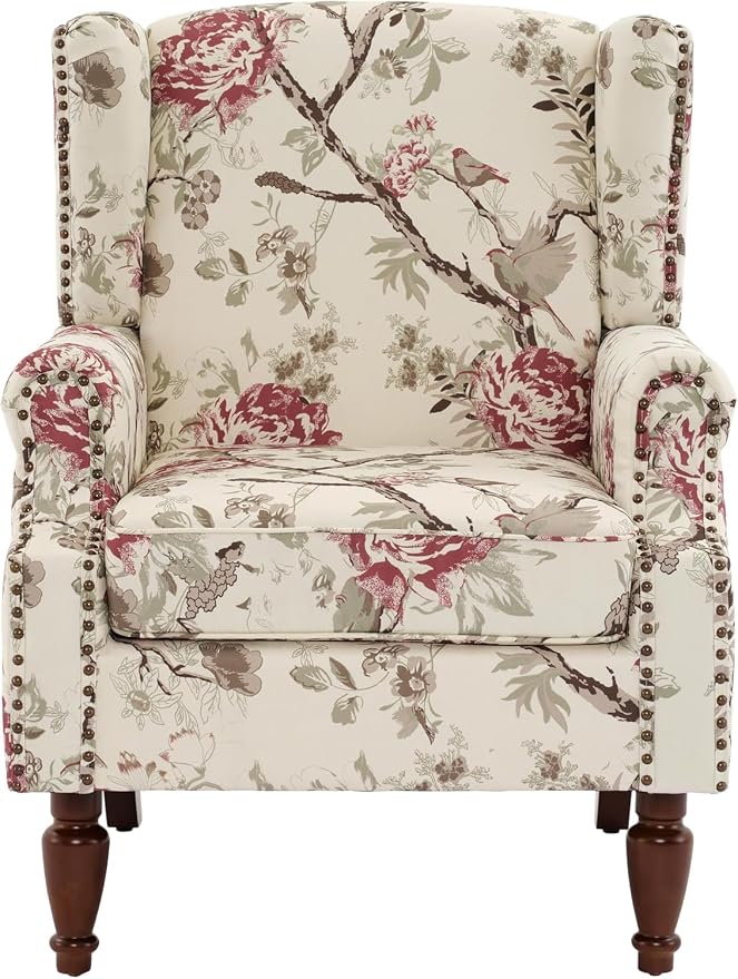 High Back Accent Chair, Fabric Wingback Chair Upholstered Armchair for Living Room - Beige Floral
