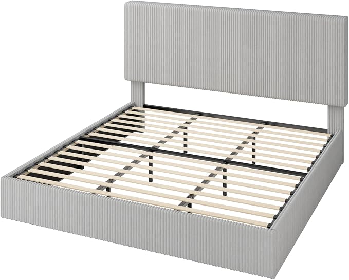 Allewie King Bed Frame, Upholstered Platform Bed, Adjustable Vertical Channel Tufted Headboard, Corduroy Fabric, Modern Low Profile, Wooden Slats, No Box Spring Needed, Easy Assembly, Light Grey