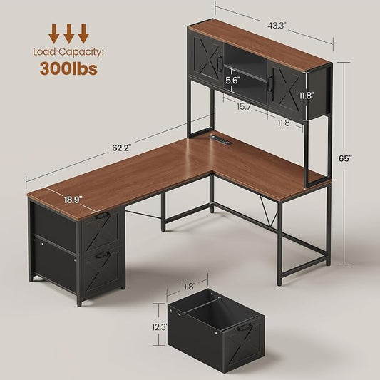 SEDETA L Shaped Gaming Desk, Reversible Computer Desk with Fabric Drawers and Power Outlet, Gaming Desk with Led Lights, Hutch and Storage Shelf for Home Office (Black and Brown)