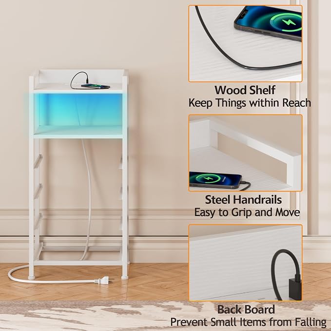 Furnulem White Nightstand with Charging Station, Night Stand Side Table with Led Light, Tall Dresser for Bedroom with 4 Fabric Storage Drawers, Metal Frame, Wood Shelf(White)