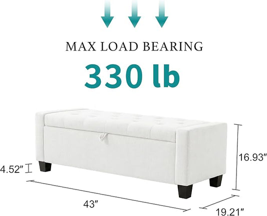 Huatean Home 43" Ottoman with Storage, White Storage Ottoman Bench with Safety Hinge, Upholstered Entryway Bench with Seating for Bedroom, Living Room, Holds up to 330 lb