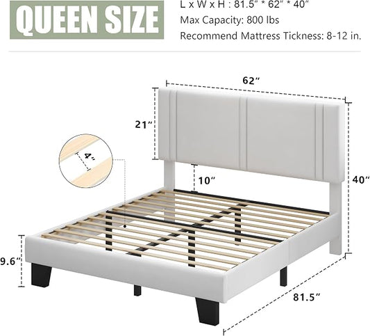 Feonase Queen Platform Bed Frame, Velvet Upholstered Queen Bed Frame, Solid Wood Slats & Heavy Duty Feet Support, No Box Spring Needed, Noise-Free, Easy Assembly, White