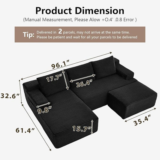 96" Cloud Sectional Couch U-Shaped Chaise with Ottoman, Corduroy Boneless Couch for Living Room Bedroom, Deep-Seat Upholstered Modular Cloud Sofa, No Assembly Required (Black, Left Facing Chaise)