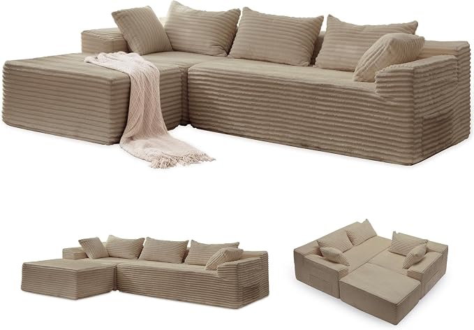 Korser 108" L-Shaped Modular Sectional Sofa with Chaise, Boneless Comfy Corduroy Fluffy Couch with Deep Seat and Side Pockets, Flexible Module Combination for Living Room, No Assembly, Side Pockets